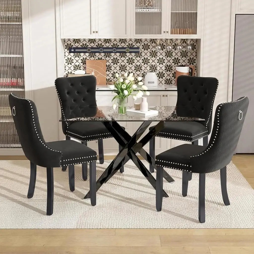 51" Glass Dining Table Set for 4, Grey | Tempered Glass Top, Silver Metal Legs, Velvet Chairs, Modern Dining Room Set, Custom