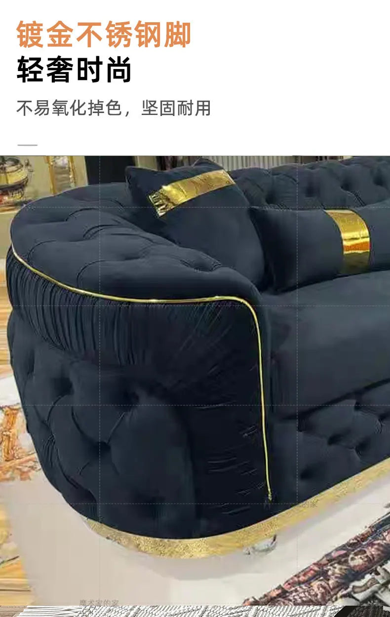 Luxury Chesterfield Sectional Sofa Set with Cloth Buttons and Fabric Modular Couch with Gold Stainless Steel Base, 3-seater Sofa