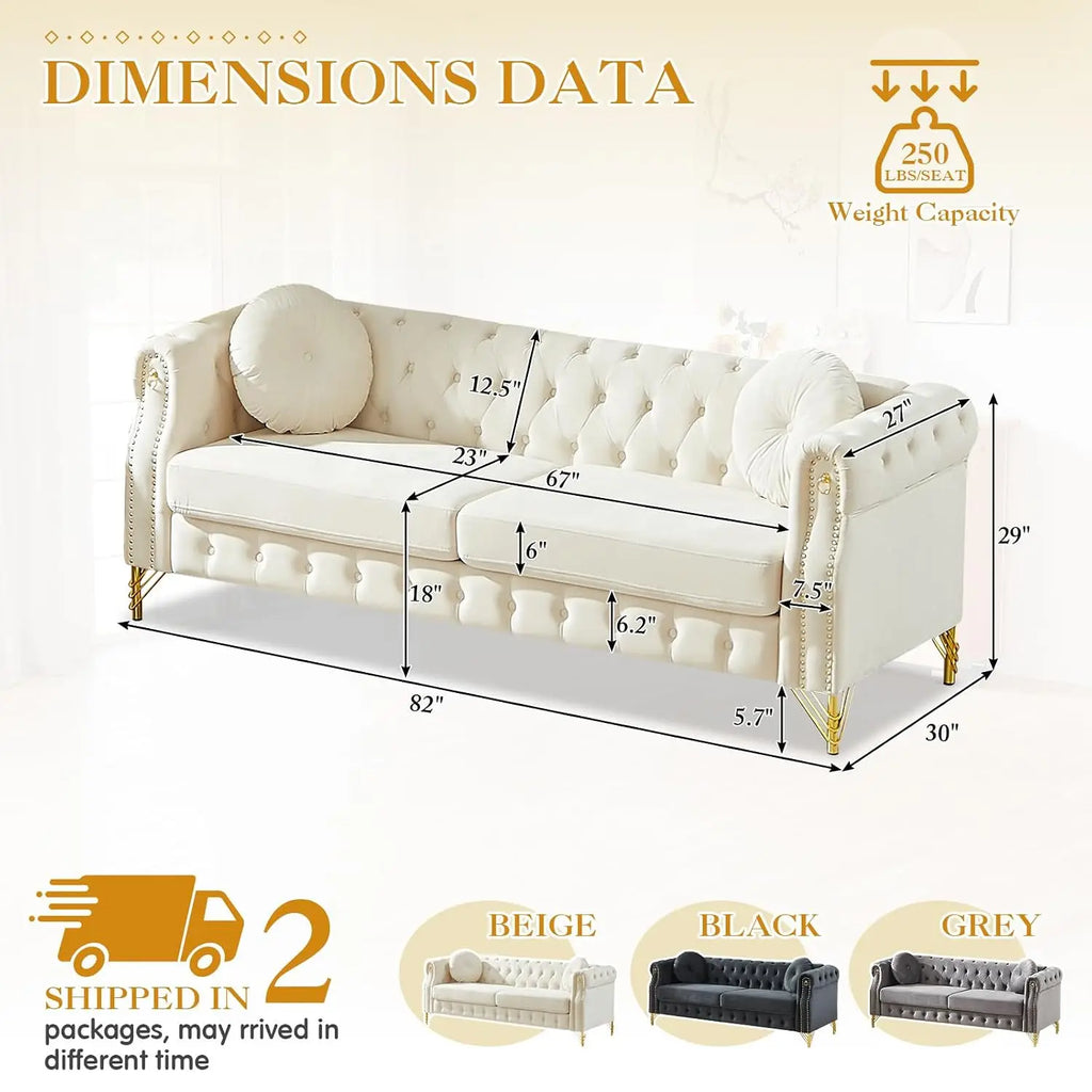 Sofa, Tufted Velvet Nailhead Trim Gold Legs, 3-Seater Deep Seat Living Room Bedroom Office 82" Beige, Customized
