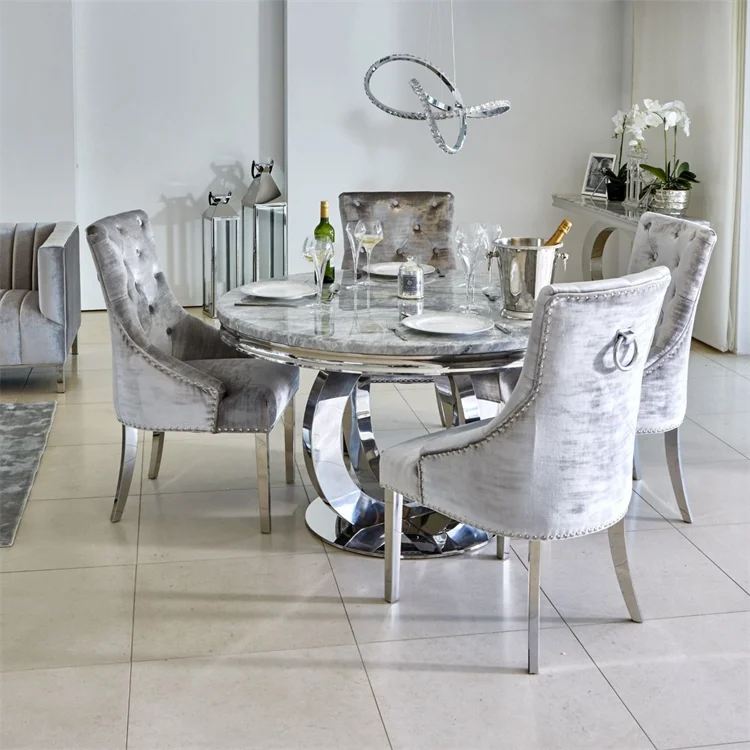 ！@Luxury Round Marble Dining Table Set 4 Chairs