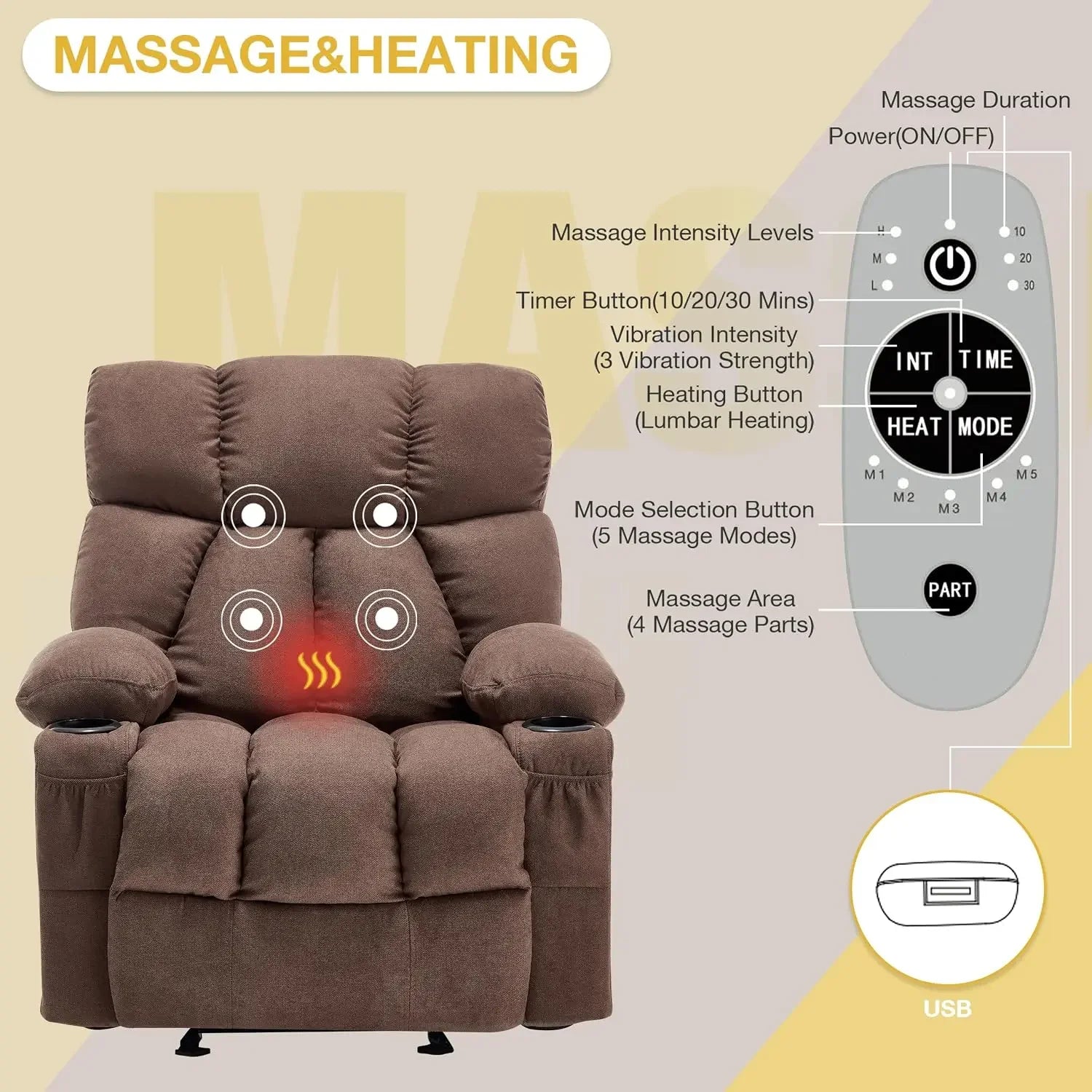 Brown Fabric Massage Recliner Rocker Ergonomic Chair Heat Vibration USB Cup Holders Side Pocket
