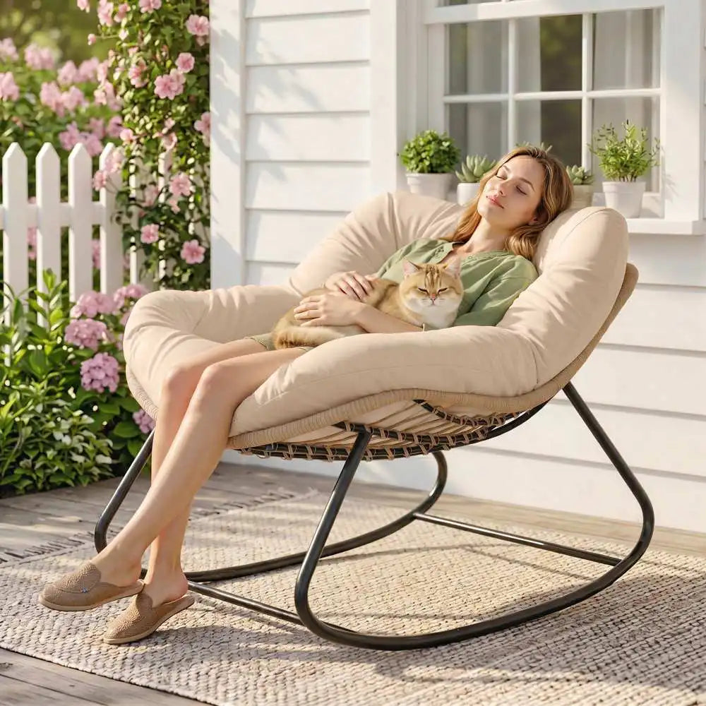 Oversized PE Wicker Rocking Papasan Chair, Egg‑Shaped Outdoor Saucer Chair with 3.9" Thick Cushion, Powder‑Coated Steel Frame Anti‑Slip Rocker for Porch Balcony