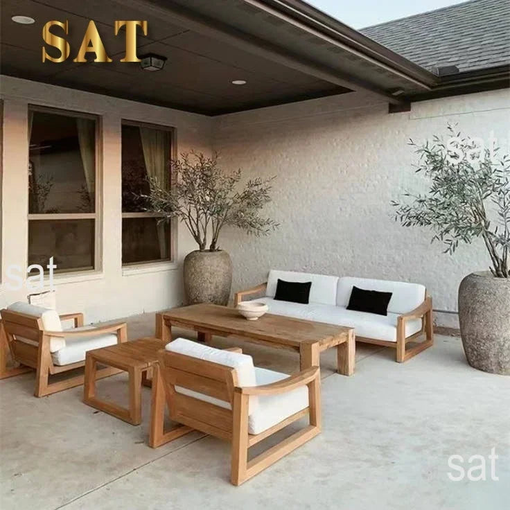 #Modern Teak Wood Outdoor Sectional Sofa Set Modular Eco-Friendly Durable Quick-Dry Waterproof Cushions for Garden Courtyard Use