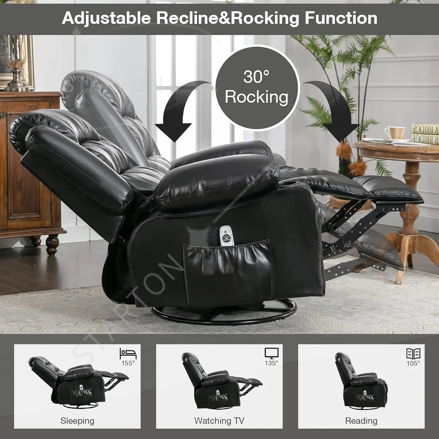 Oversized Massage Swivel Recliner Chair with Lumbar Heating  Rocker Recliner Single Sofa
