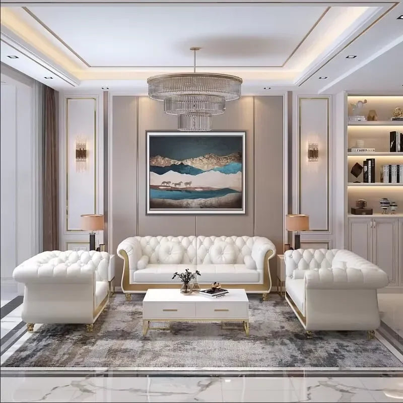 High Quality Italian Leather Modular Sofa Set White Villa Sofa for Living Room & Hotel Genuine Leather Furniture