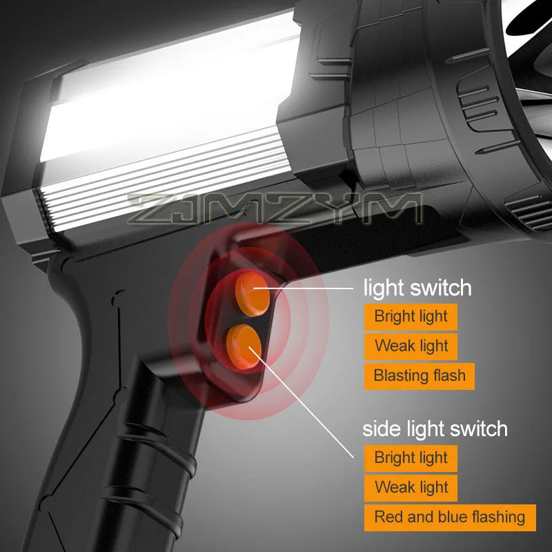 Super Bright Searchlight Powerful Rechargeable Flashlight LED Work Light Long Lasting Spotlight Camping Lantern With Side Light