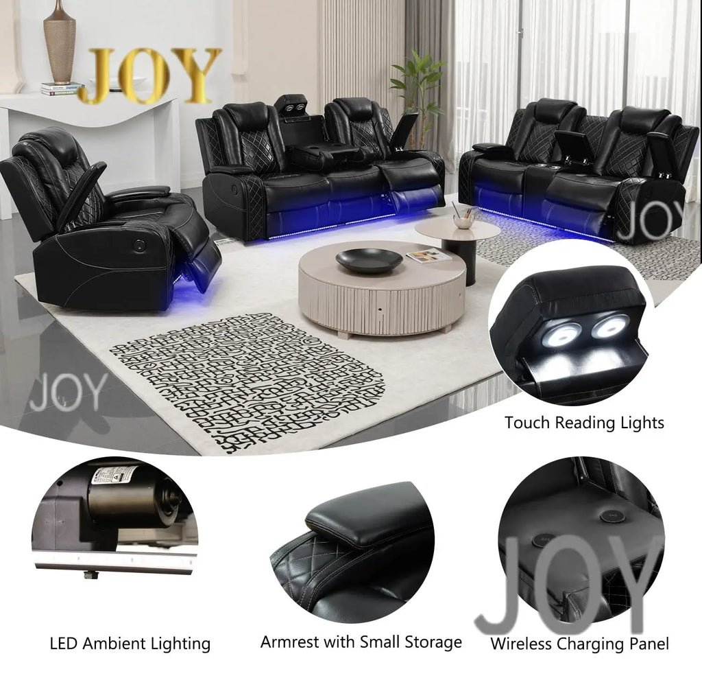 #￥Power Recliner Sofa Set with LED  Leather Reclining Sofa Set Loveseat Chair with USB Port Cup Holders Storage for Home Theater