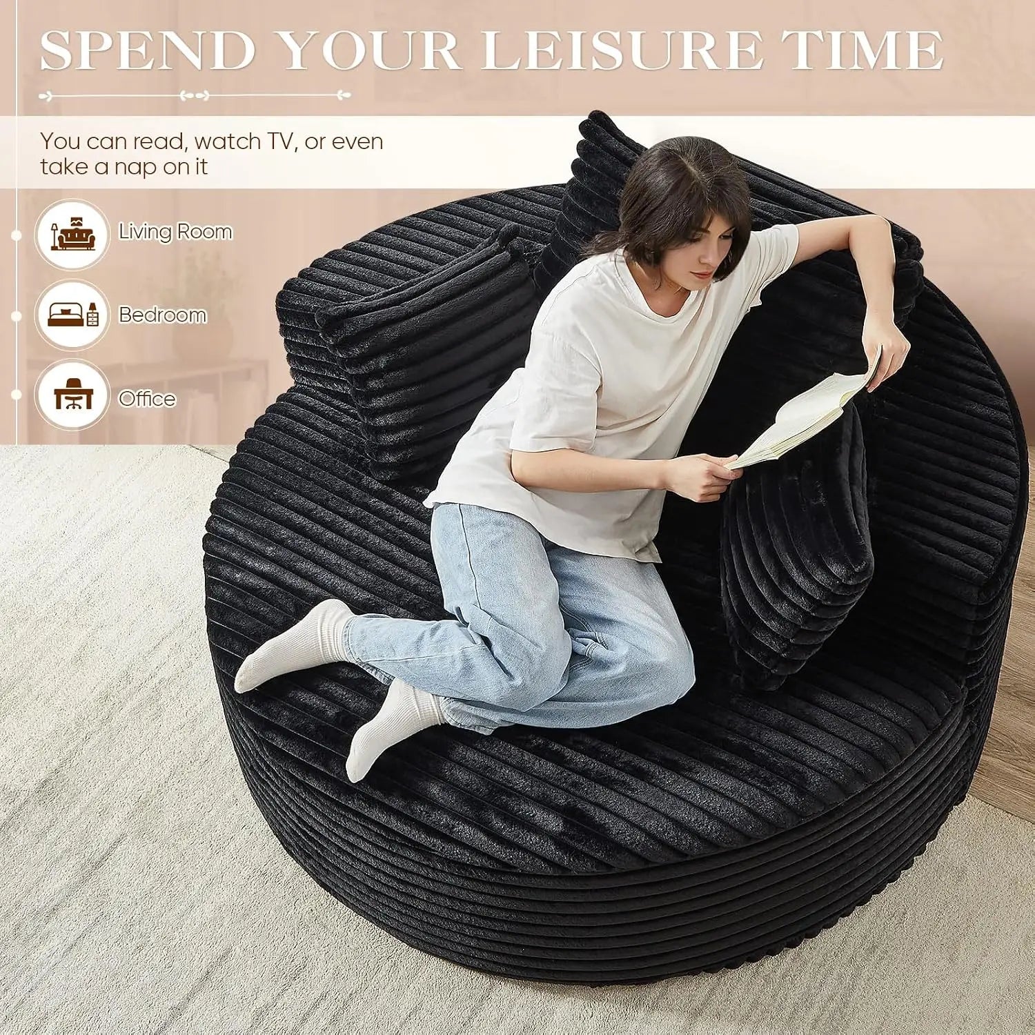 Round Chaise Longue Chair Indoor, Modern 55-inch Upholstered Corduroy Deep Seat Circle Single Cloud Lounge, Customized