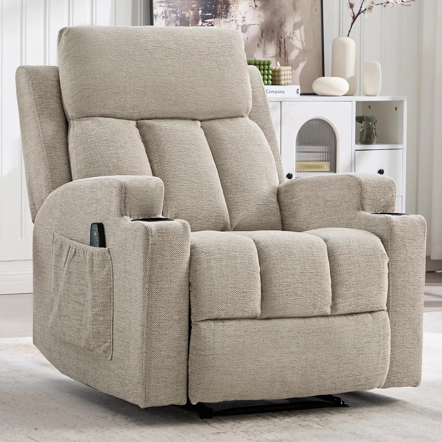Manual Recliner Chair with Massage and Heat, Soft Fabric Recliner Chair with Overstuffed Arm and Back, Manual Reclining, Custom