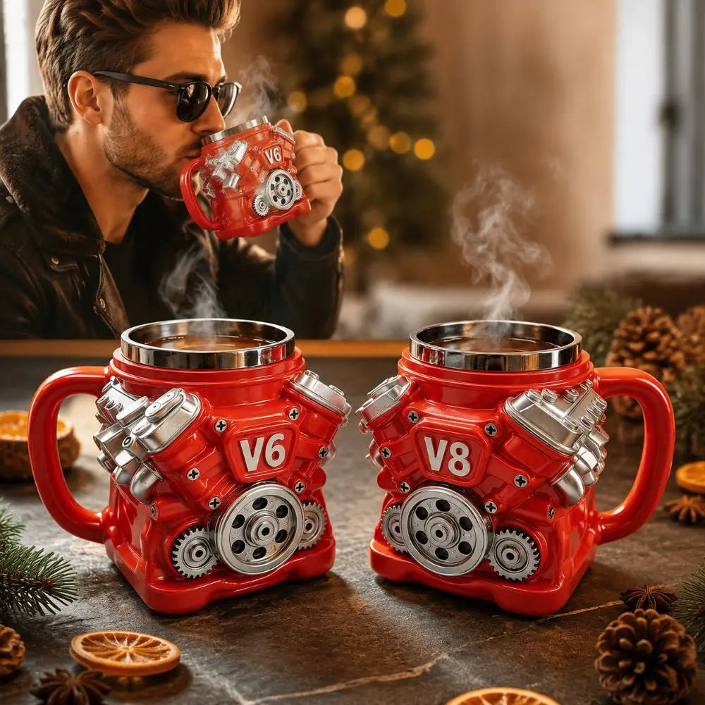 Retro Engine Coffee Mug with Handle 300ML V8 Engines Stainless Steel Cup Double Wall Realistic Design Insulation Car Mug
