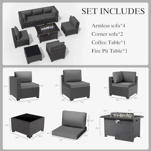 8 Pieces Patio Furniture Set with Fire Pit Table, All Weather Rattan Outdoor Furniture with 29.5'' High Backrest 4’’