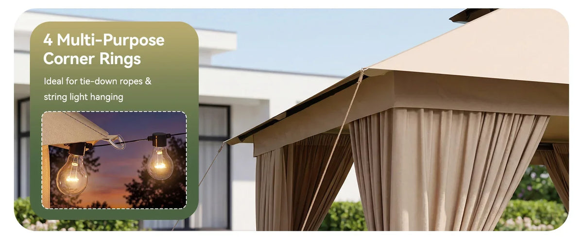 12'x10' Gazebo, Metal Frame Canopy with Double Roofs, Beige | Heavy Duty Outdoor Gazebo with Mosquito Netting and Privacy Screen