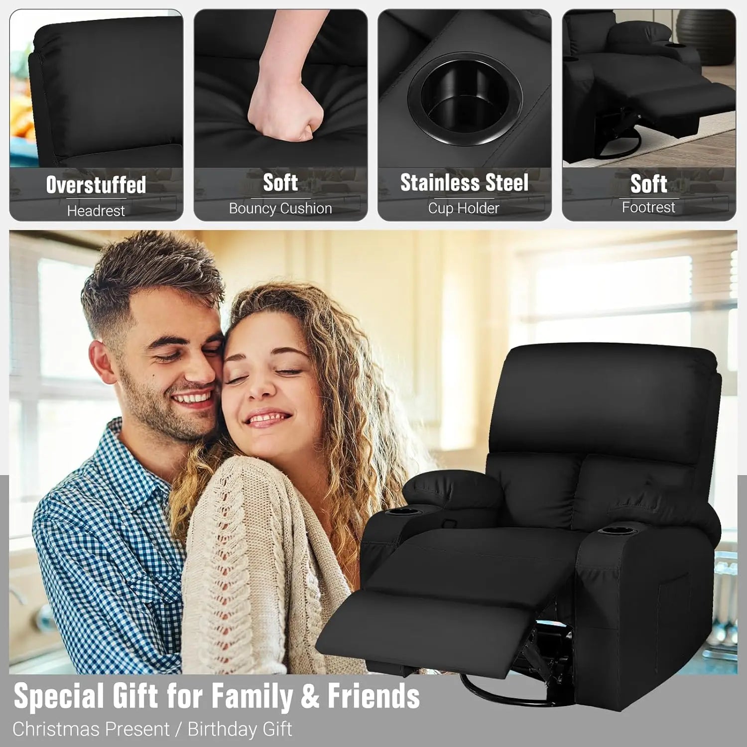 Rocking Recliner Chair, Massage Rocker Recliner Chair with Vibration Massage and Heat, 360° Swivel Faux Leather Chairs, Living R