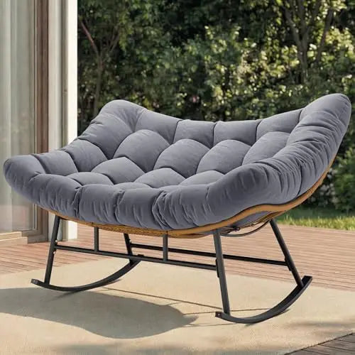 （Local US Inventory）Oversized Double Papasan Rocking Chair Outdoor Egg Rocker with High Back Water Resistant Cushion Rustproof U