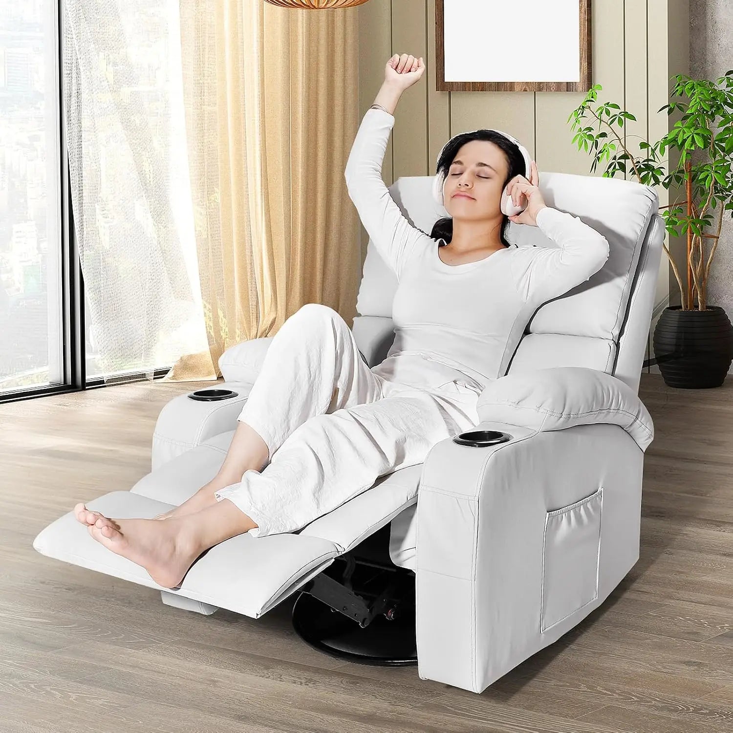 Rocking Recliner Chair, Massage Rocker Recliner Chair with Vibration Massage and Heat, USB and Type-C Ports,360° Swivel Faux Lea