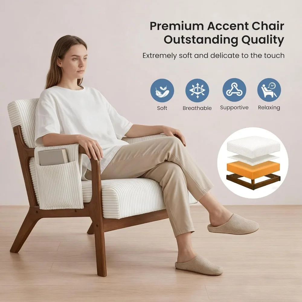 Mid Century Modern Accent Chair with Side Pocket and Lumbar Pillow for Living Spaces