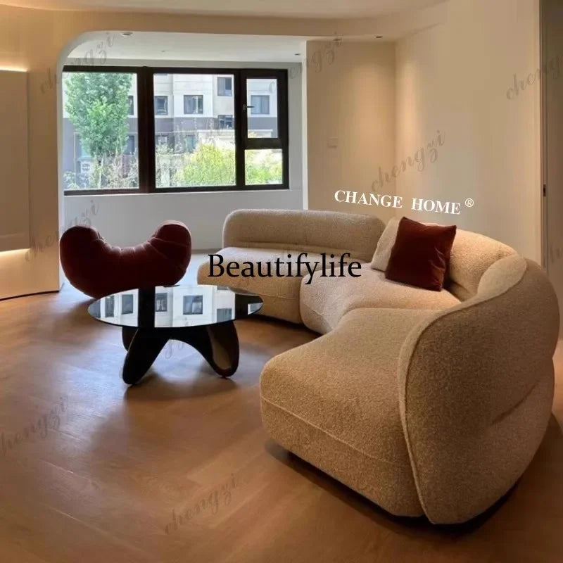 New arrive Nordic cream fabric sofa curved living room small apartment minimalist lamb wool three-person straight sofa