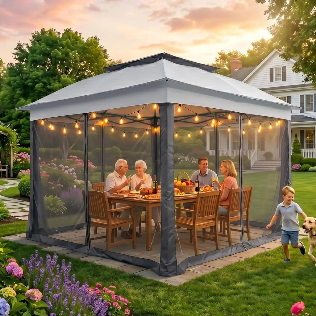11x11 Pop Up Gazebo with Mesh Netting, Instant Outdoor Canopy Tent, Water Resistant Shelter with UPF 50+ UV, Customized