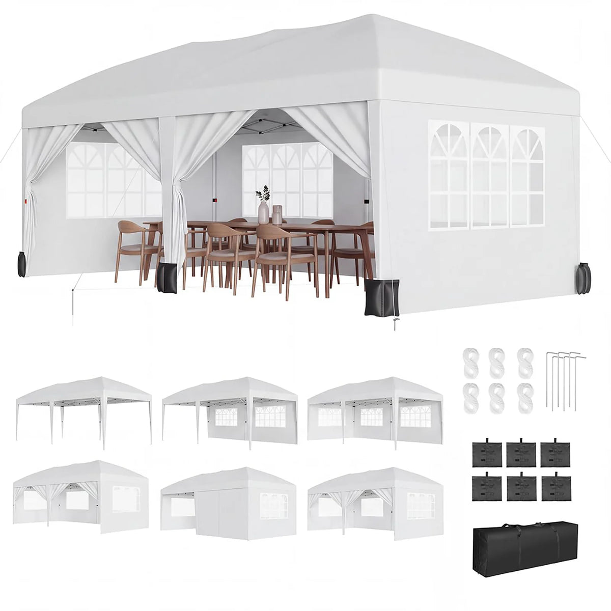 10x20 Pop Up Canopy Tent With 6 Sidewalls, Heavy Duty Party Gazebo With Windows, Zipper Doors, Sandbags And Carry Bag For Events