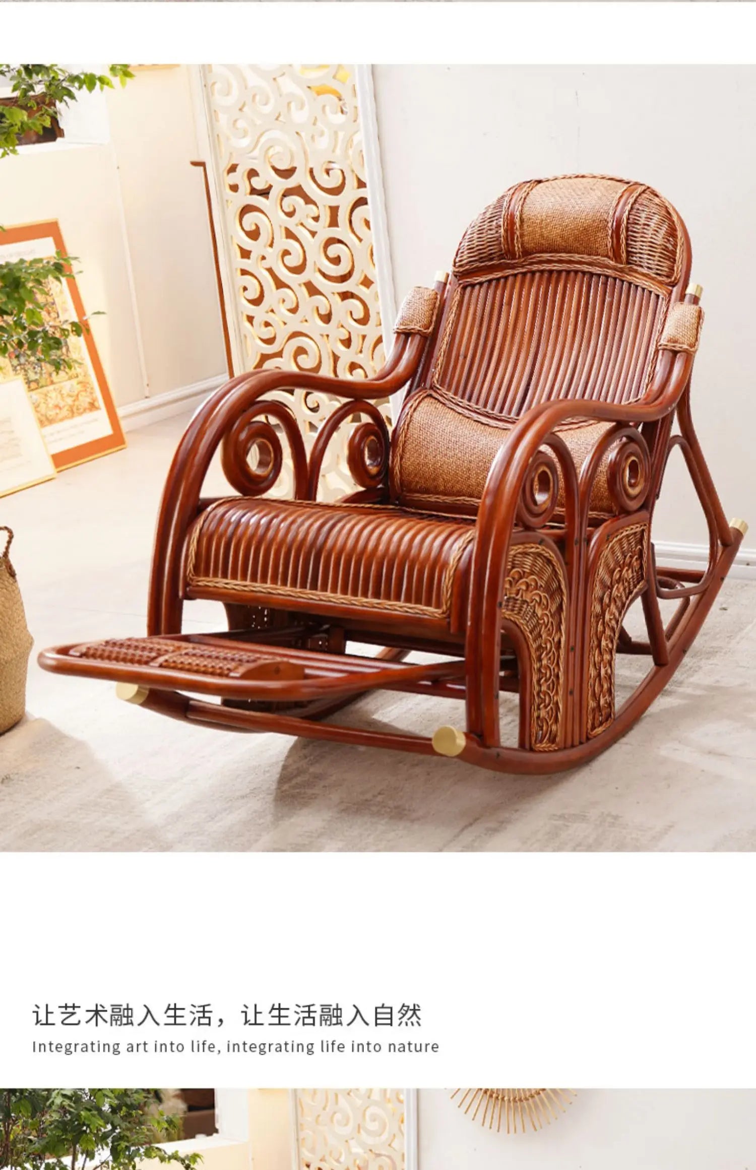 natural true rattan rocking chair recliner sofa single balcony home leisure retro cushion living room