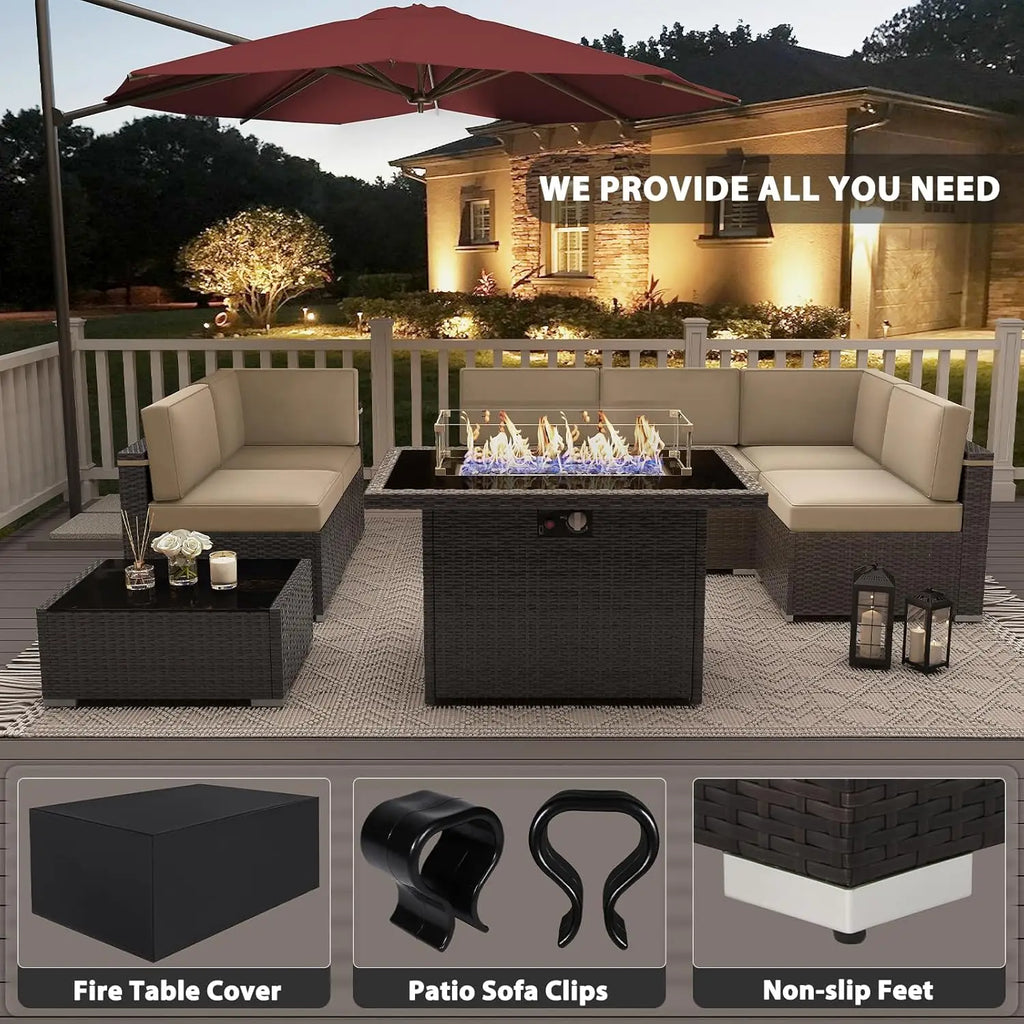 u*-8 Pieces Patio Furniture Set With 44" Propane Gas Fire Pit Table, Outdoor Sectional Brown Rattan Wicker, Customized