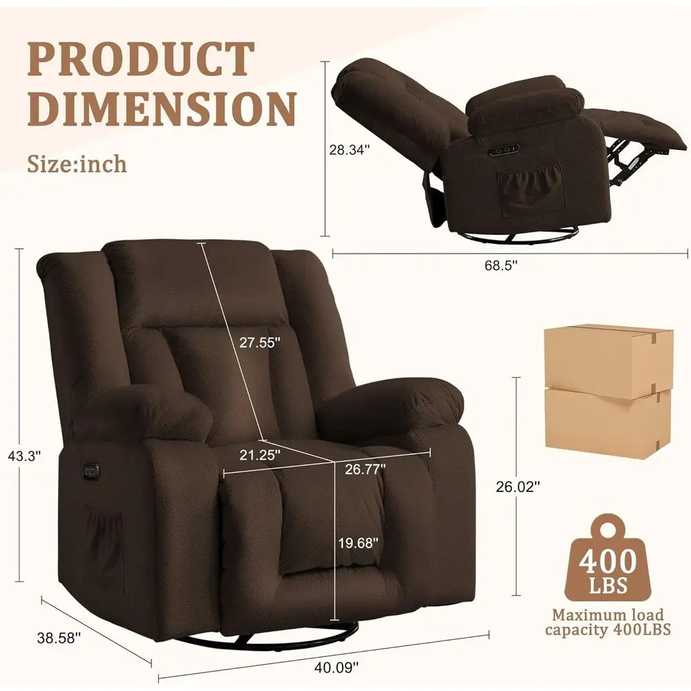 Adult Ergonomic Swivel Rocker Recliner with Heat and Massage for Living and Bedroom Spaces