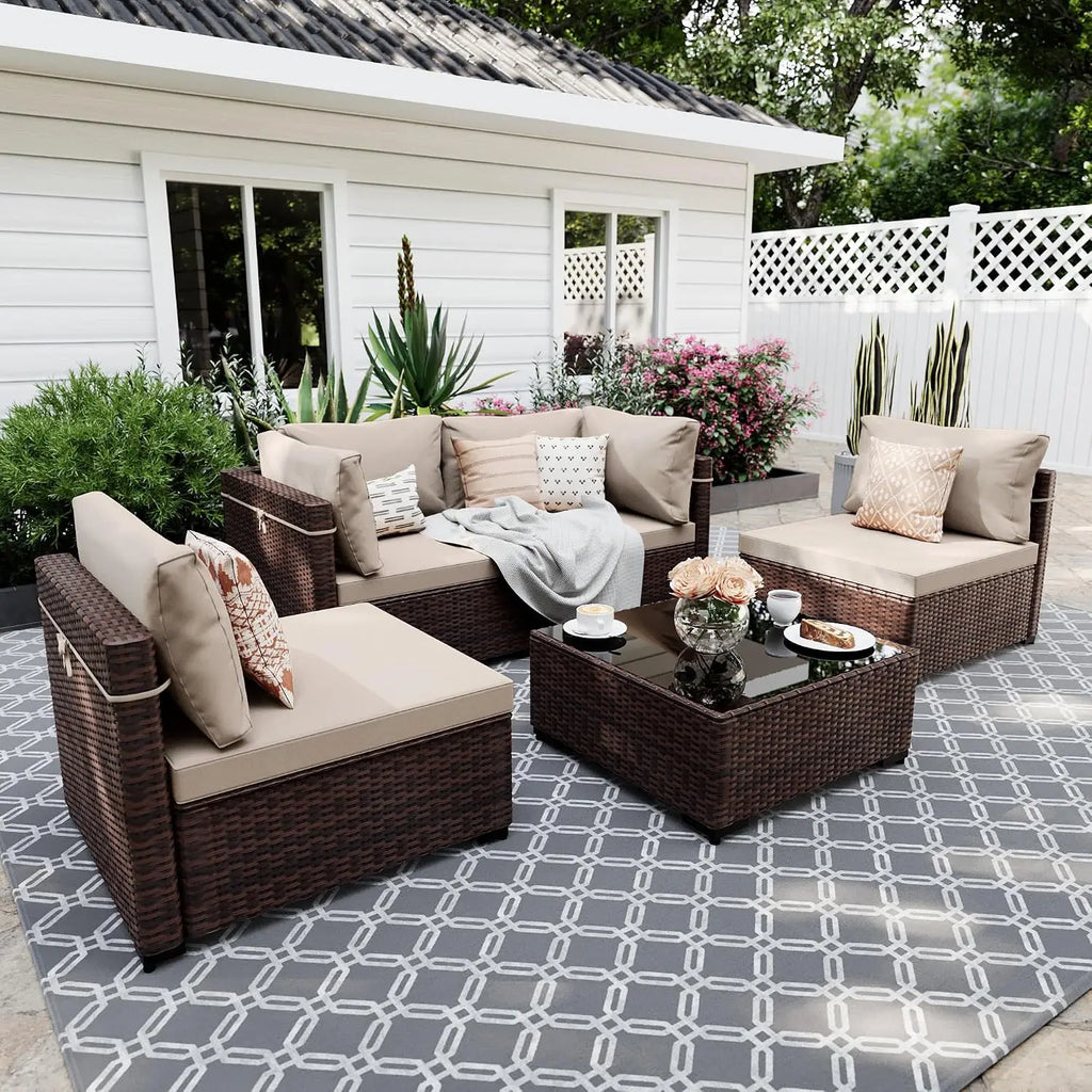 5-Piece Wicker Patio Sofa Set with Coffee Table for Outdoor Garden Balcony, Custom