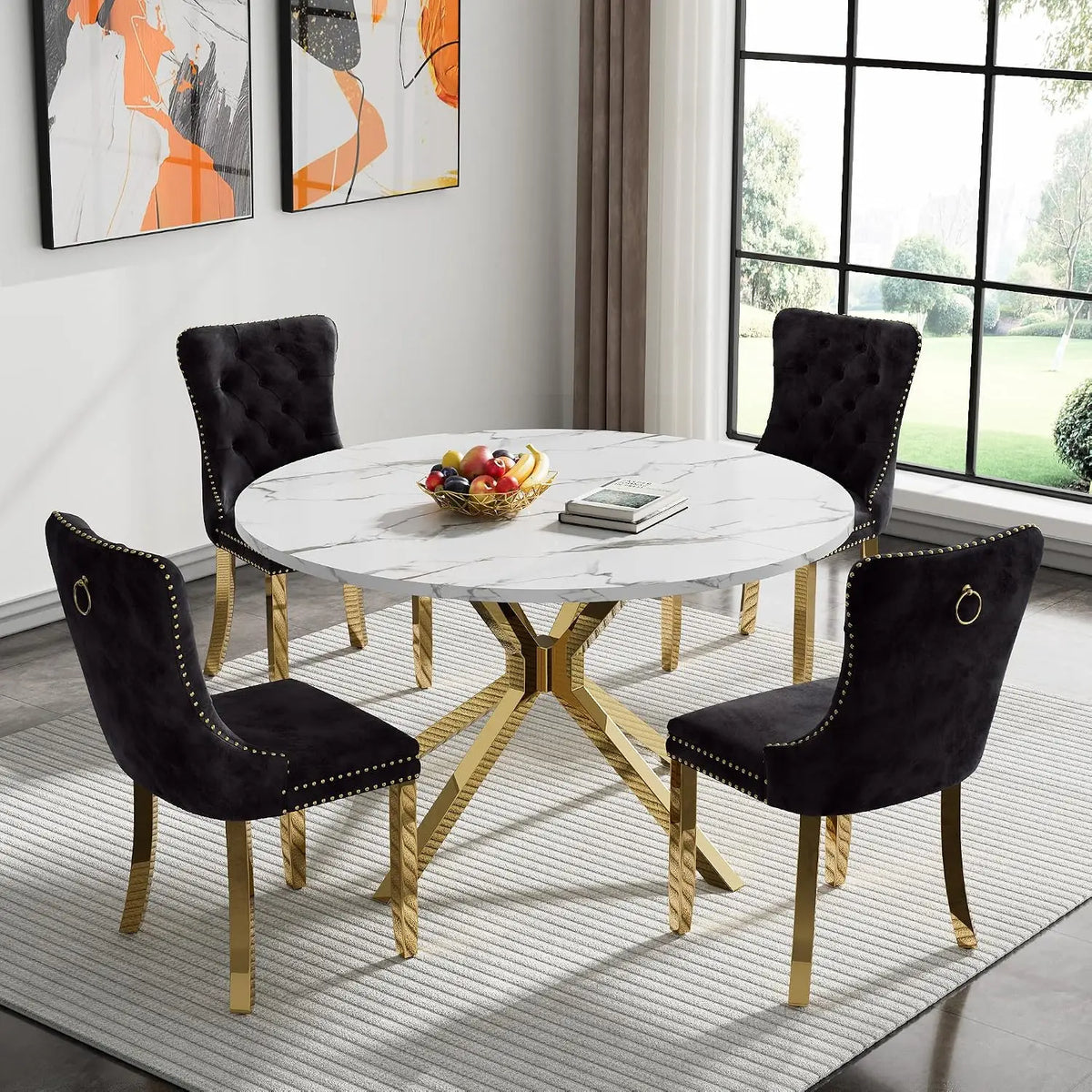 4-Seat Round Dining Table Set, 47" White Faux Marble Table with 4 Beige Velvet Tufted Chairs, Gold Stainless Steel, Customized