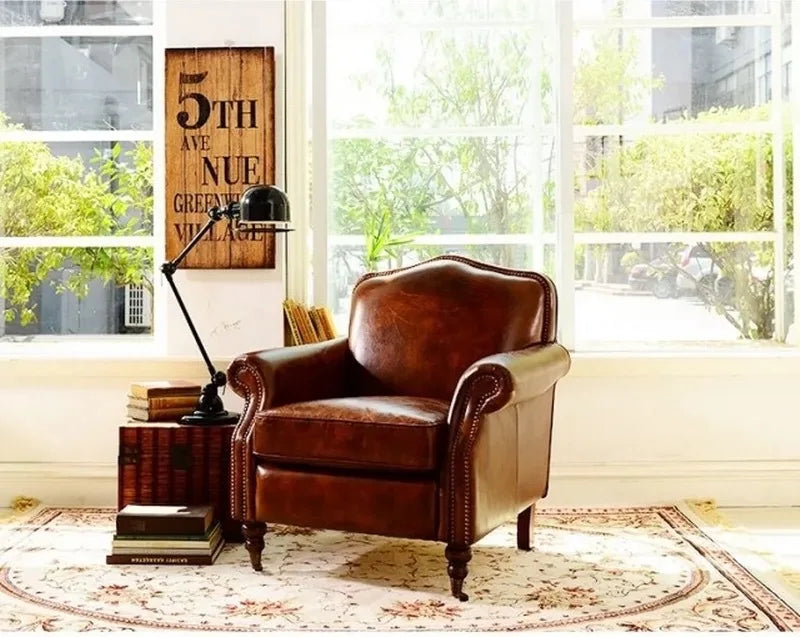American retro leather art sofa single leather office study boss chair living room sofa