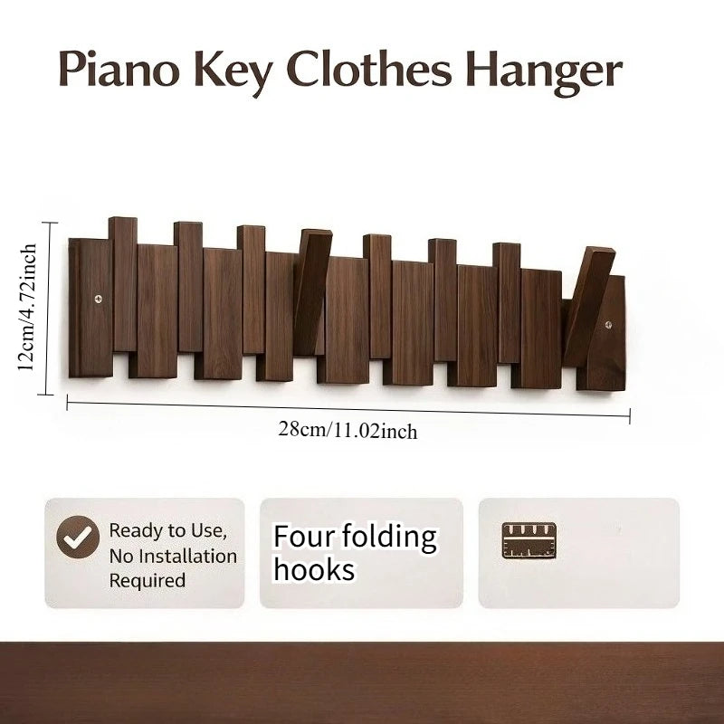 Solid Wood Piano Key Coat Rack – No-Drill Wall Hook, Foldable, Entryway Organizer & Key Holder