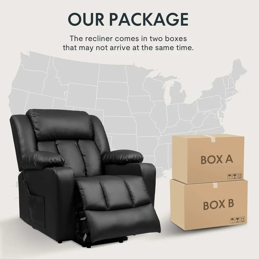 XL31 Power Lit Recliner Chair or Elderly, Electric Lit Chair with Massage & Heat, PU Leather Reclining Soa w/Cup Holders, Side k