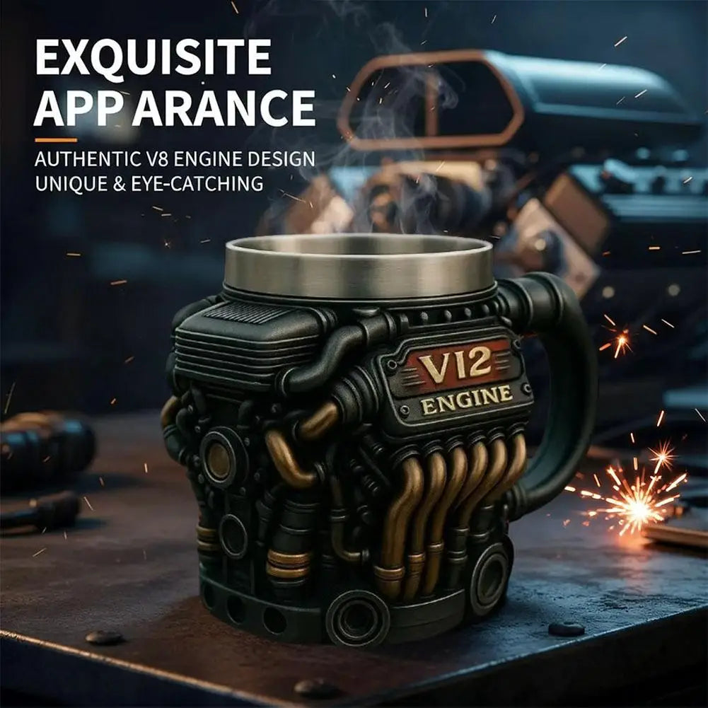 V6 V8 V12 Vintage Engine Coffee Cup Insulation Water Mug for Car Enthusiasts Mechanics Engineers Fathers Men Boyfriends Gifts