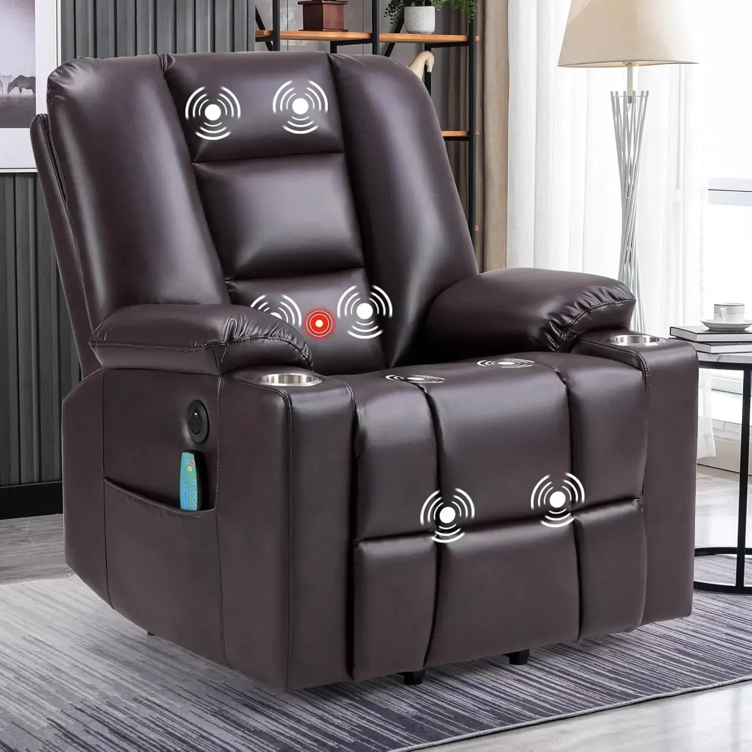 Power Lift Chair with Heat and Massage, Faux Leather Lift Recliner Chair for Adults Elderly, Upholstered Recliner with 2 Cup Hol
