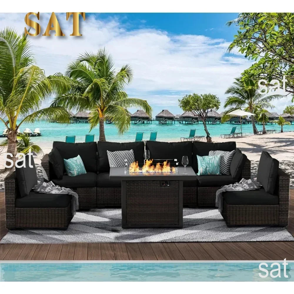 /Garden Furniture 7 Pie Set with Fire Pit Table, Rattan Outdoor Patio Sectional Conversation Furniture Sets WSeat Cushions