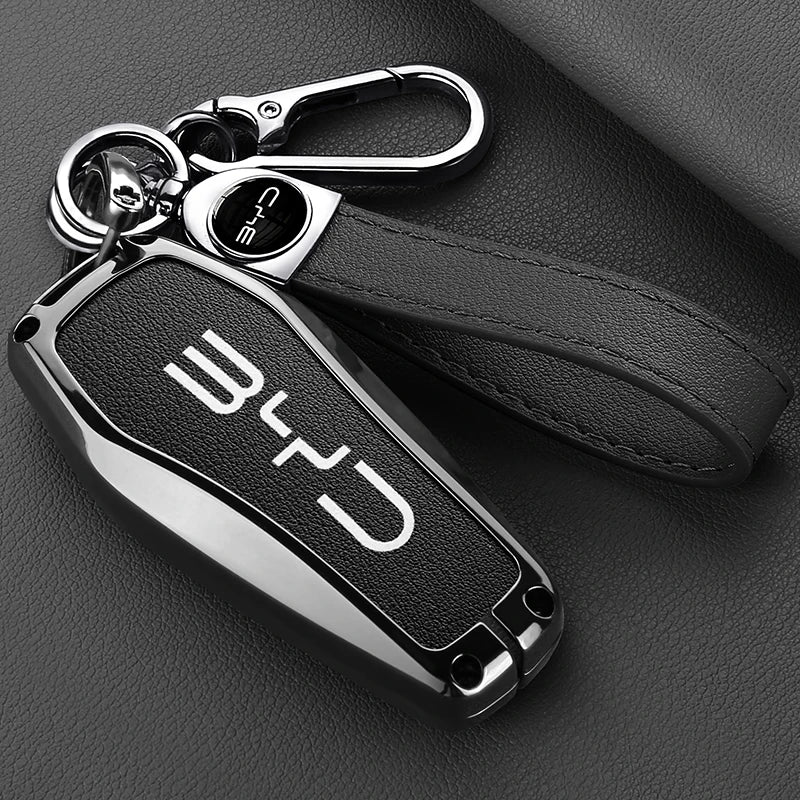 Alloy Leather Car Smart Remote Key Case Cover Emblem Accessories For BYD Song Pro Tang Dmi QIn PLUS MAX Yuan EV Dolphin Seagull