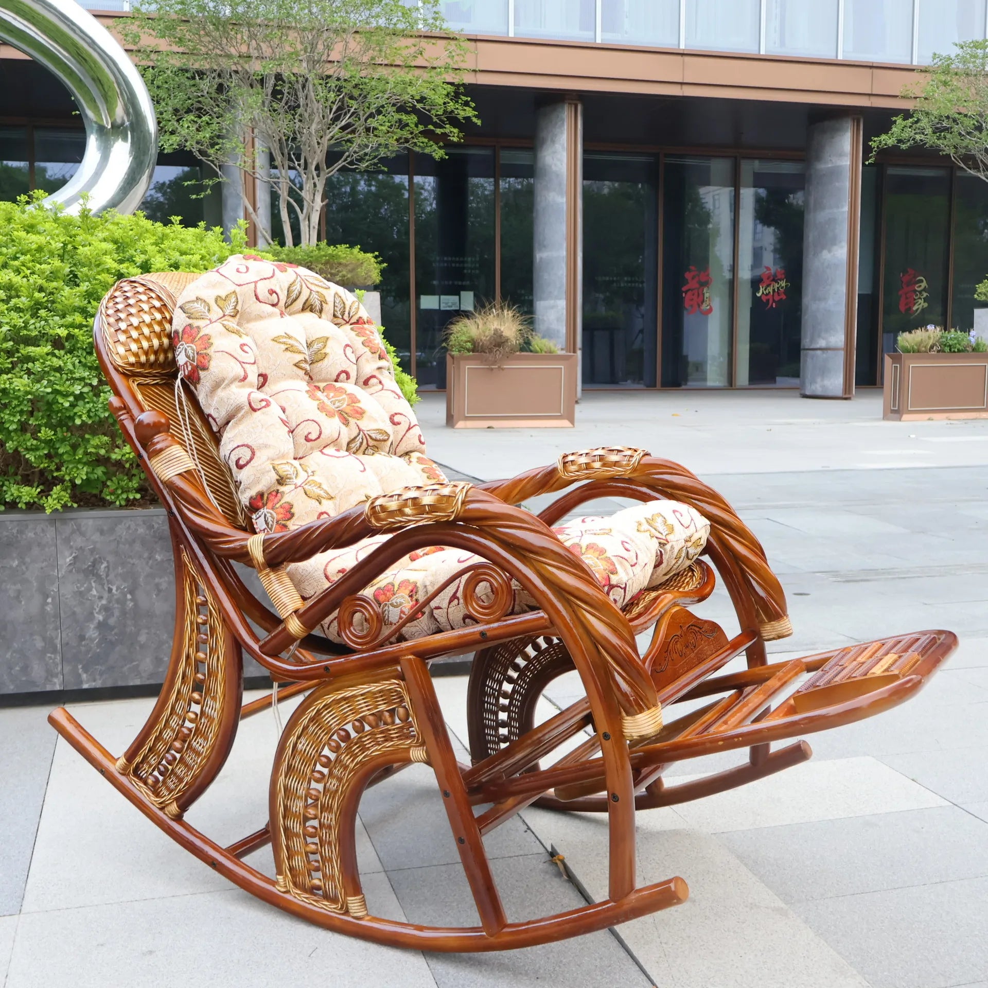 Balcony elderly rattan chair household large medium new Chinese real rattan recliner