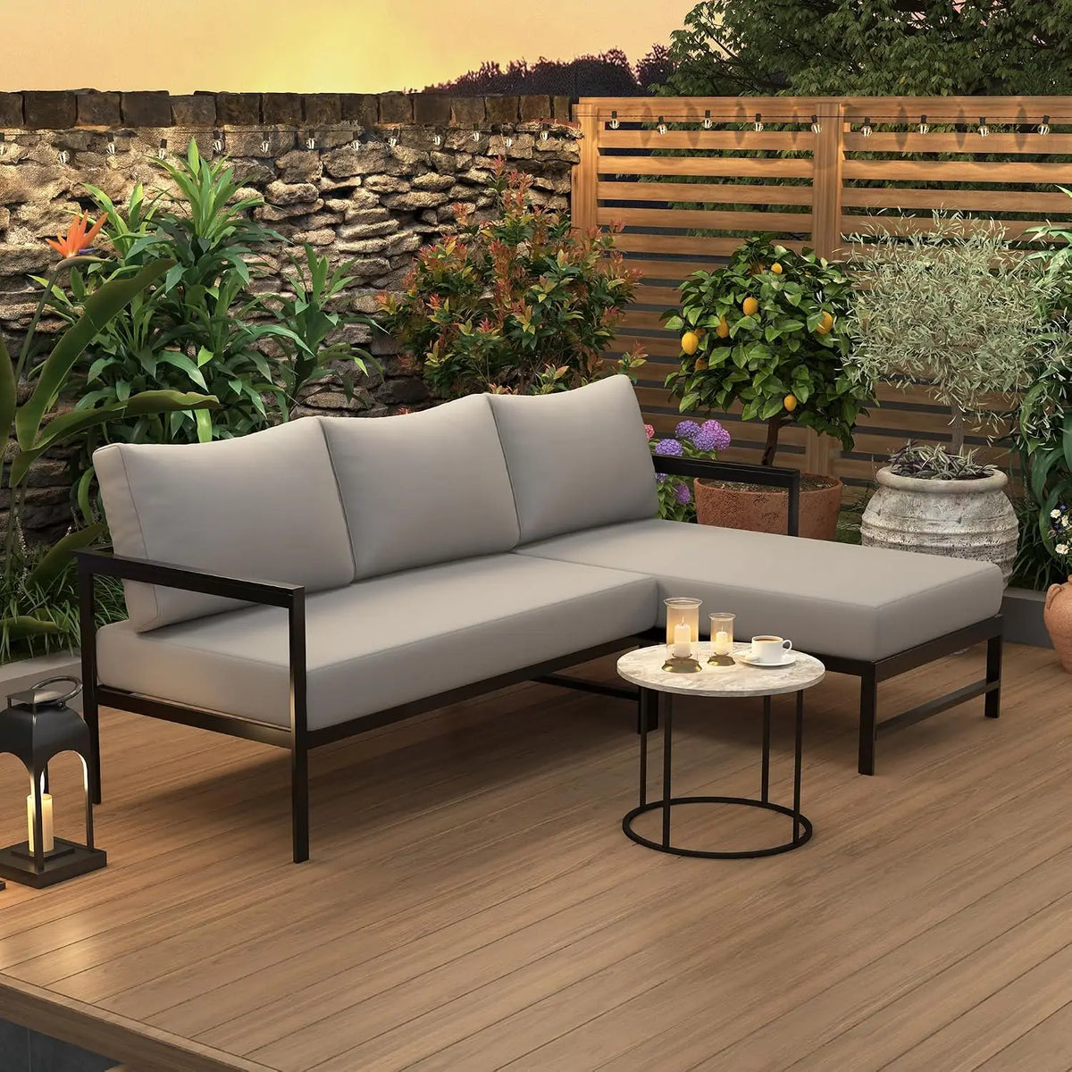 4-Piece Patio Set, All Weather Sectional w/ 2 Chairs, Loveseat & Table, Acacia Wood Outdoor Furniture with Cushions, Customized
