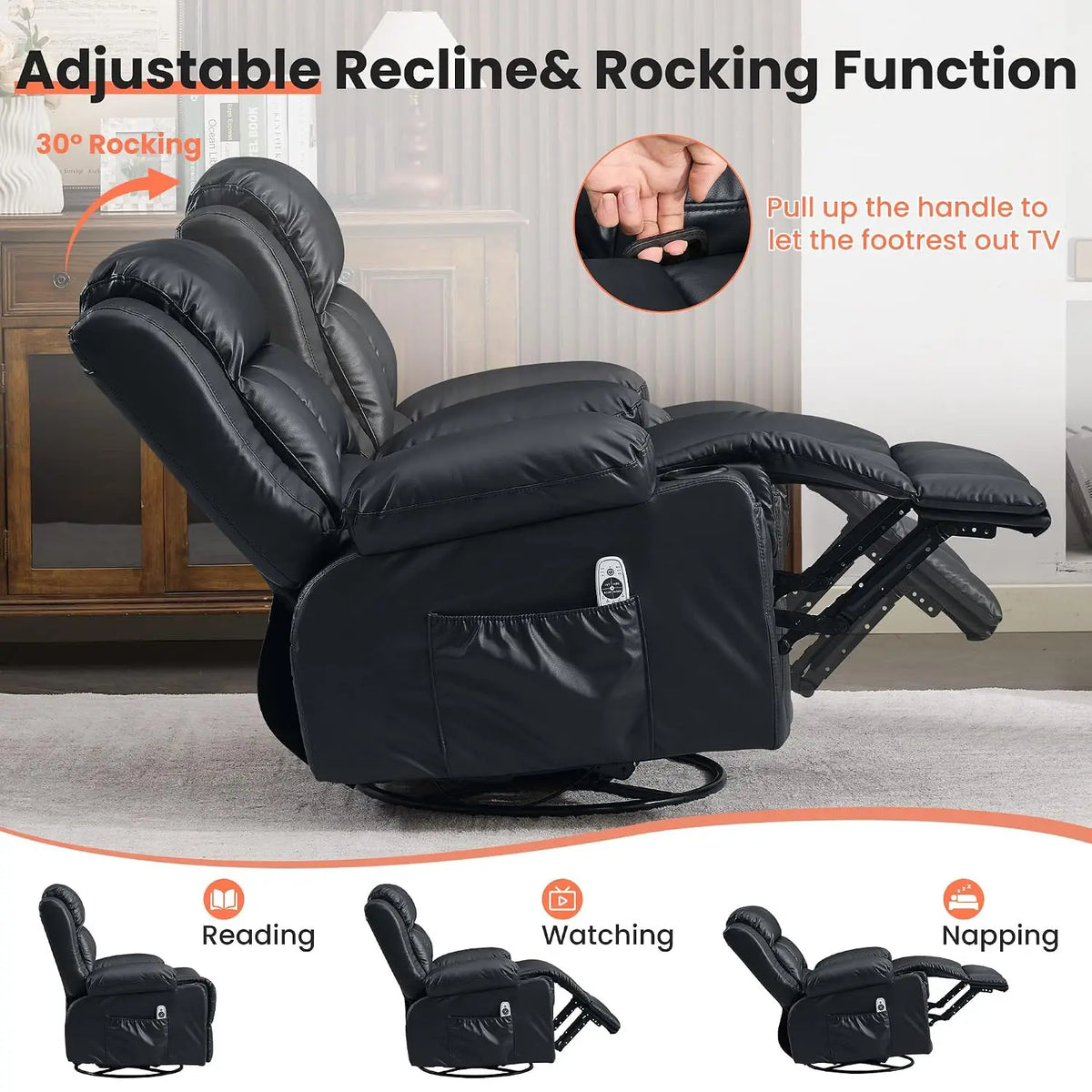 Ergonomic Swivel Rocking Recliner Chair, Vibration Massage & Heat, Custom