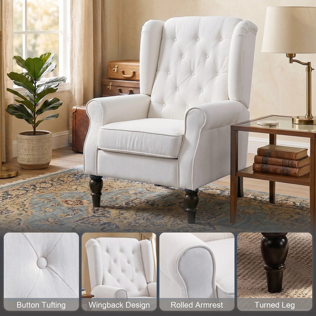 HOMCOM Mid-Century Modern Accent Chair, High Wingback Reading Chair, Button-Tufted Upholstered Fabric Armchair with Retro Wood Legs for Apartment, Living Room, Bedroom, Cream White