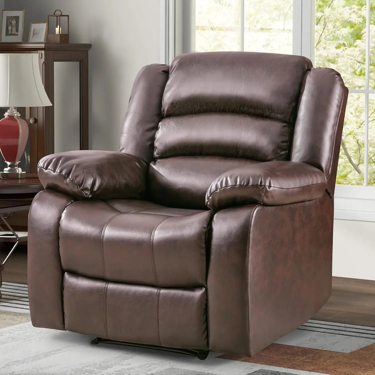 Extra Wide PU Leather Recliner Chair, Manual Reclining Sofa with Overstuffed Arm & Back, Single Seat for Living Room Bedroom, Cu