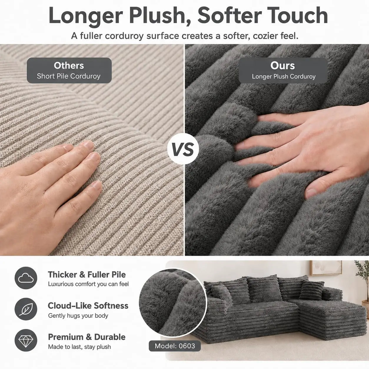 103" L Shaped Sectional Boneless Couch for Living Room, Modern Modular Cloud Sofa with Right Facing Chaise, Comfy, Customized