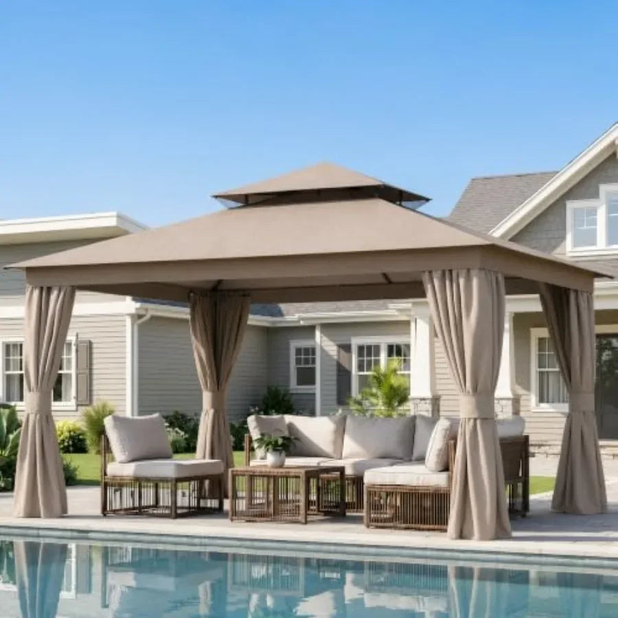 10'x12' Outdoor Patio Gazebo Canopy with Double Roofs and Mosquito Nettings