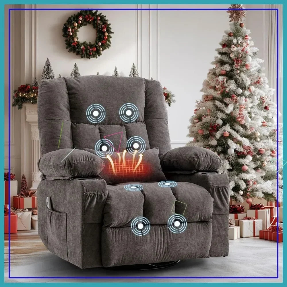 Swivel Recliner Chair with Massage & Heat, Oversized Rocking Chair for Living Room, USB Port, Cup Holders