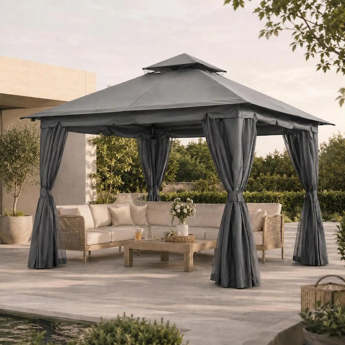 10'x13' Gazebo Metal Canopy Shelter with Double Roof Mosquito Netting & Privacy Curtains for Backyard Garden Deck, Customized