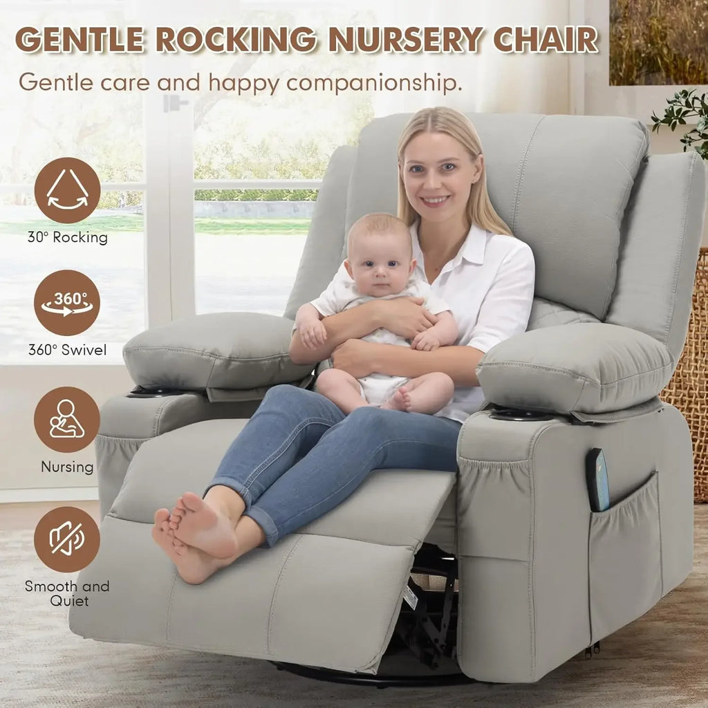 Faux Leather Recliner Chair with Heat and Massage Cup Holder, Overstuffed Swivel Rocker Recliner Chair Rocking Glider Chair, Lig