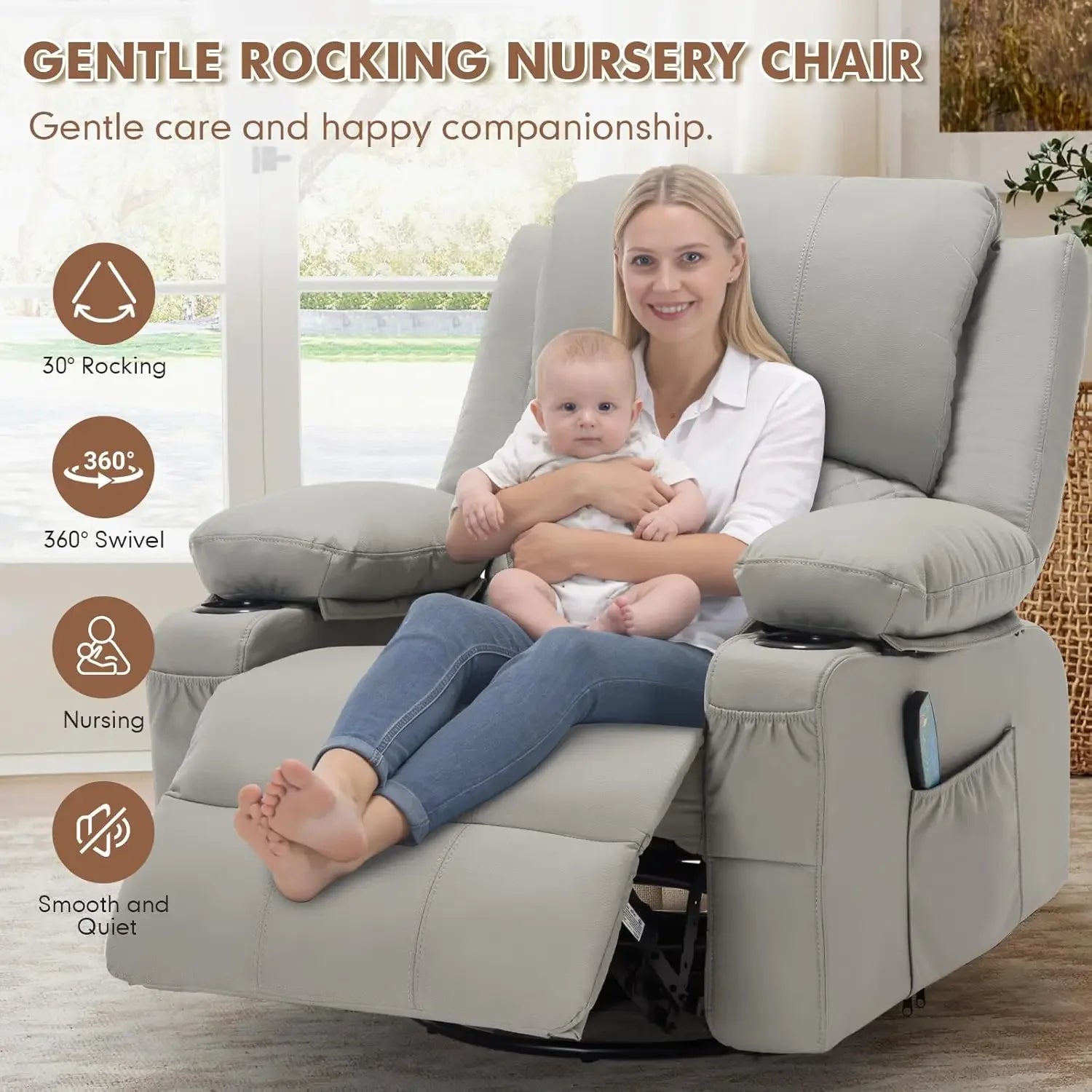 Faux Leather Recliner Chair with Heat and Massage Cup Holder, Overstuffed Swivel Rocker Recliner Chair Rocking Glider Chair, Lig