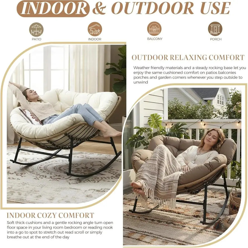 Outdoor Papasan Rocking Chair with Cushion and e, Oversized Large Patio Lounge Chairs, Rattan Comy Egg Recliner Chair, 450 Lbs a