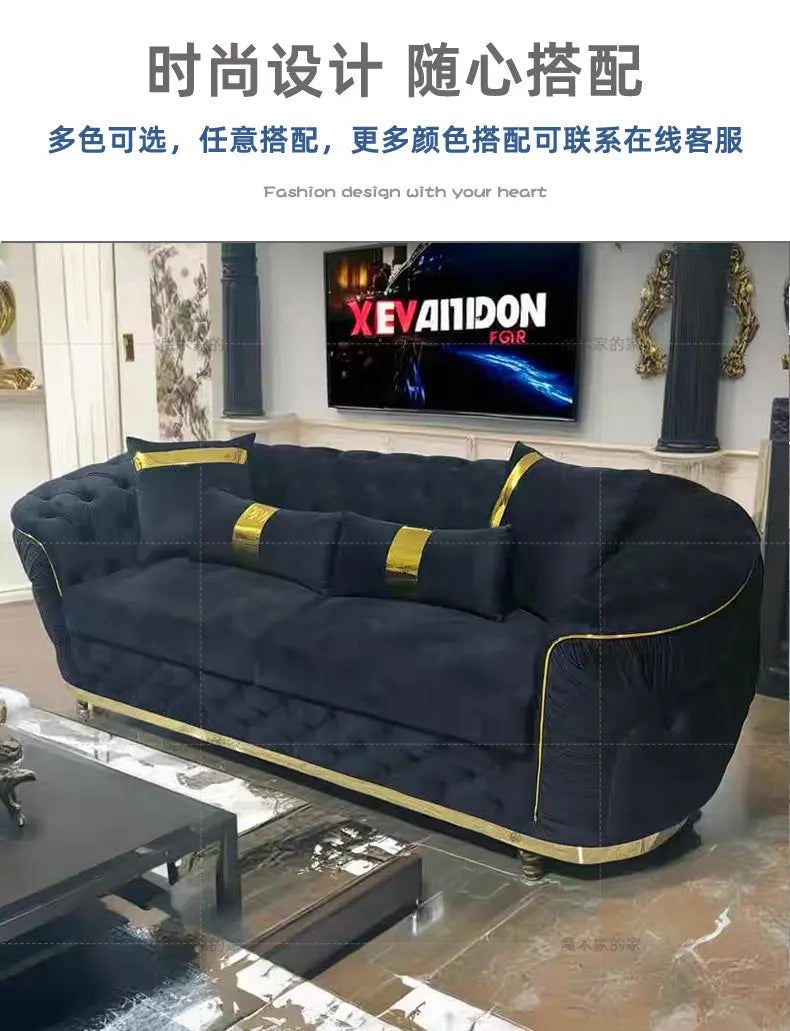 Luxury Chesterfield Sectional Sofa Set with Cloth Buttons and Fabric Modular Couch with Gold Stainless Steel Base, 3-seater Sofa