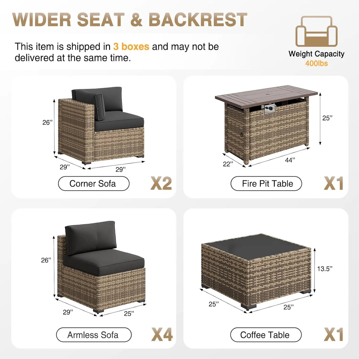 8-Piece Wicker Patio Furniture Set with 44" Propane Gas Fire Pit Table, Sectional Sofa for Backyard Poolside Garden, Customized
