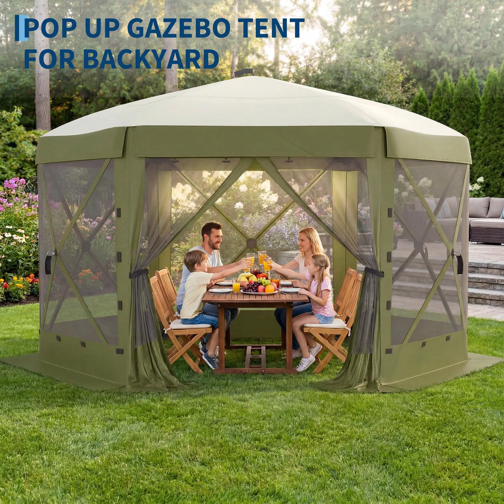 11x11FT Pop Up Gazebo Screen Tent, 6-Sided Mesh Canopy With Removable Wind Walls, One-Push Outdoor Shelter For Camping Party Patio